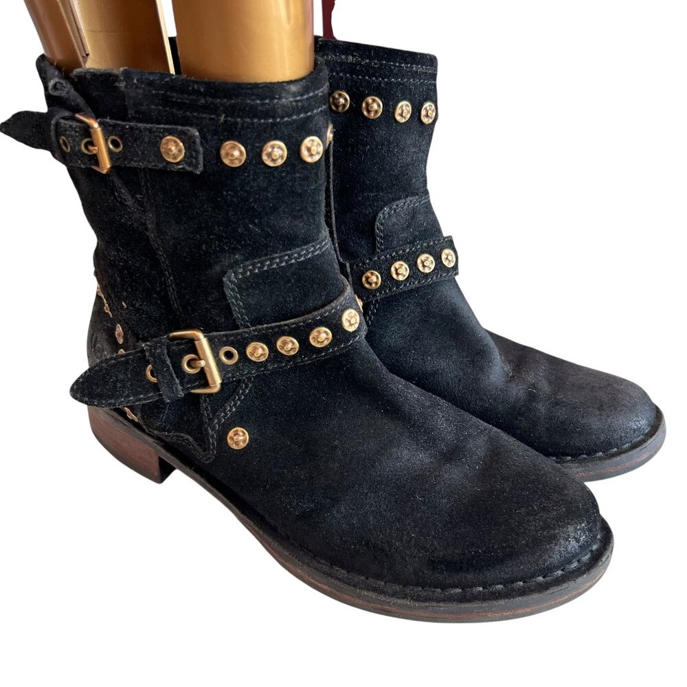 UGG moto boots Fabrizia studded black suede leather studs size 6.5 womens gold